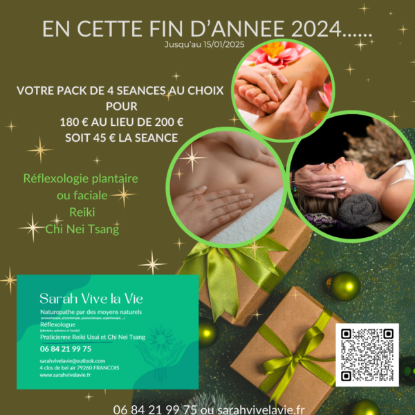 Offre de fin d'année 2024 : Carte Cadeau pour 4 séances au choix (Reiki, Réflexologie ou Chi Nei Tsang)